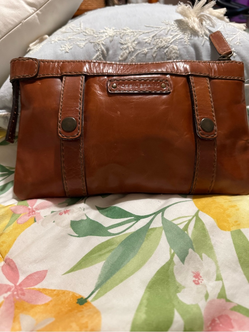 Vintage Fossil Cognac Brown Leather Wristlet Clutch #Y2K